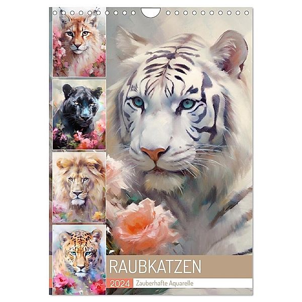 Raubkatzen. Zauberhafte Aquarelle (Wandkalender 2024 DIN A4 hoch), CALVENDO Monatskalender, Rose Hurley