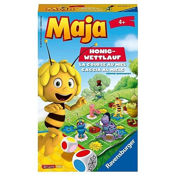 STUDIO 100, Ravensburger Verlag Ravensburger 23407 - Biene Maja: Honig-Wettlauf, Mitbringspiel für 2-5 Spieler, Kinderspiel ab 4 Jahren, kompaktes Format, Reisespiel, Brettspiel