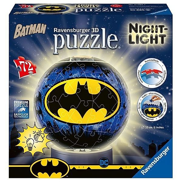Ravensburger Verlag Ravensburger 3D Puzzle 11080 - Nachtlicht Puzzle-Ball Batman - 72 Teile - ab 6 Jahren, LED Nachttischlampe mit Klatsch-Mechanismus
