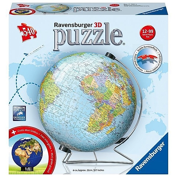 Ravensburger Verlag Ravensburger 3D Puzzle 11159 - Puzzle-Ball Globus in deutscher Sprache - 540 Teile - Puzzle-Ball Globus für Erwachsene und Kinder ab 10 Jahren