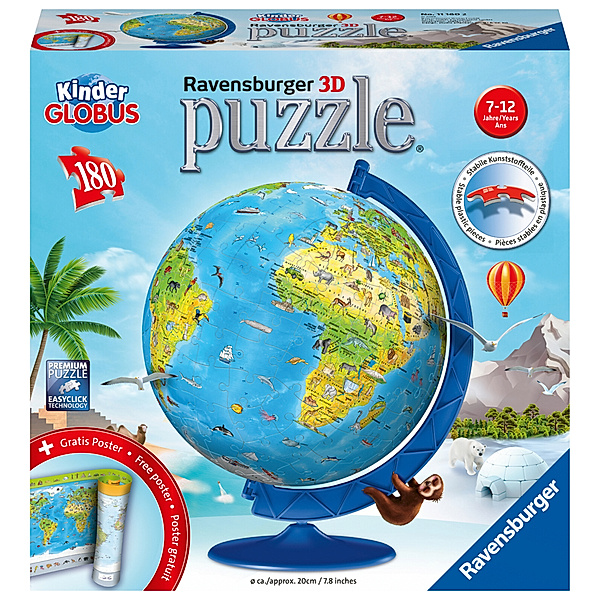 Ravensburger Verlag Ravensburger 3D Puzzle 11160 - Puzzle-Ball Kinderglobus in deutscher Sprache - 180 Teile - Puzzle-Ball Globus für Kinder ab 6 Jahren