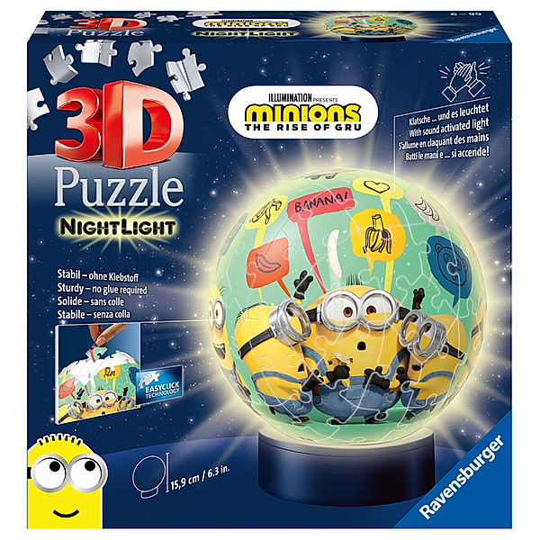 Ravensburger Verlag Ravensburger 3D Puzzle 11180 - Nachtlicht Puzzle-Ball Minions - 72 Teile - ab 6 Jahren, LED Nachttischlampe mit Klatsch-Mechanismus