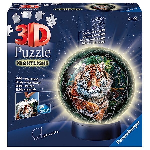 Ravensburger Verlag Ravensburger 3D Puzzle 11248 - Nachtlicht Puzzle-Ball Raubkatzen - 72 Teile - ab 6 Jahren, LED Nachttischlampe mit Klatsch-Mechanismus