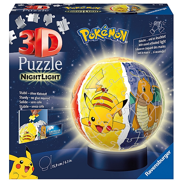 Ravensburger Verlag Ravensburger 3D Puzzle 11547 - Nachtlicht Puzzle-Ball Pokémon - 72 Teile - für Pokémon Fans ab 6 Jahren, LED Nachttischlampe mit Klatsch-Mechanismus