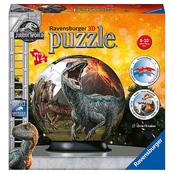 Ravensburger Verlag Ravensburger 3D Puzzle 11757 - Puzzle-Ball Jurassic World - 72 Teile - Puzzle-Ball für Dinosaurier-Fans ab 6 Jahren