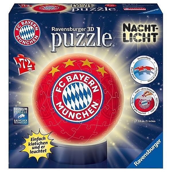 Ravensburger Verlag Ravensburger 3D Puzzle 12177 - Nachtlicht Puzzle-Ball FC Bayern München - 72 Teile - ab 6 Jahren, LED Nachttischlampe mit Klatsch-Mechanismus
