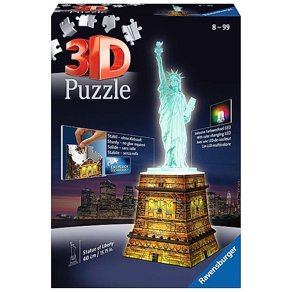 Ravensburger Verlag Ravensburger 3D Puzzle Freiheitsstatue bei Nacht 12596 - Das berühmte Bauwerk in New York als Night Edition mit LED