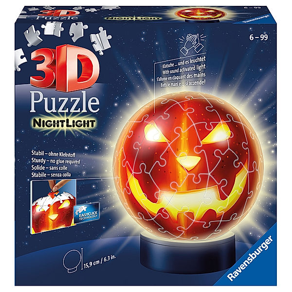 Ravensburger Verlag Ravensburger 3D Puzzle Kürbiskopf Nachtlicht 11253 - Puzzle-Ball - 72 Teile - für Halloween Fans ab 6 Jahren