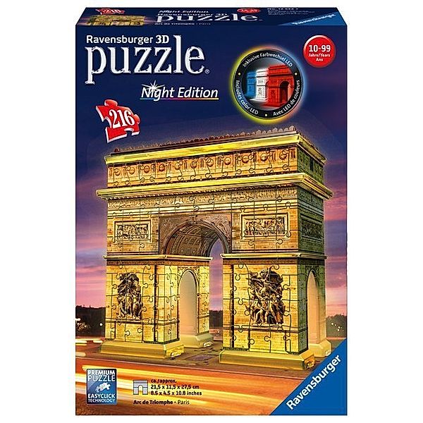 Ravensburger Verlag Ravensburger 3D Puzzle Triumphbogen bei Nacht 12522 - das berühmte Wahrzeichen aus Paris - leuchtet im Dunkeln