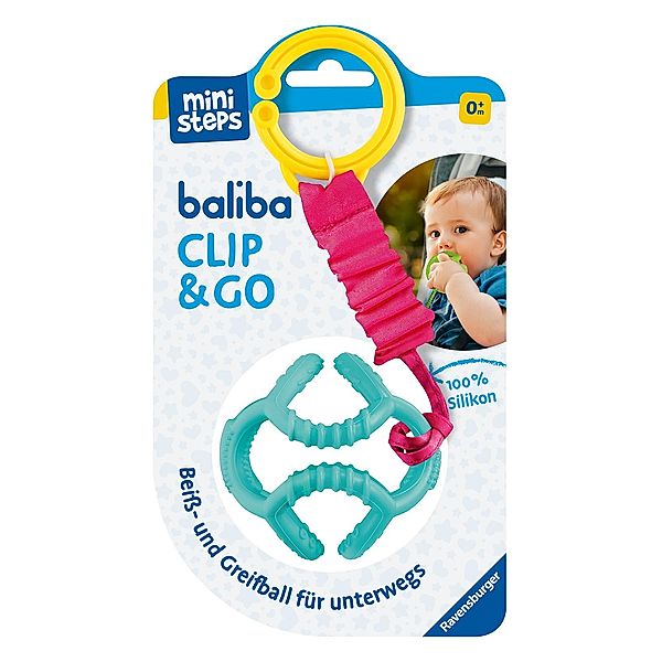 Ravensburger 4583 baliba Clip & Go - Flexibler Ball mit Befestigung für Greif- und Beissspass unterwegs - Baby Spielzeug ab 0 Monaten - türkis