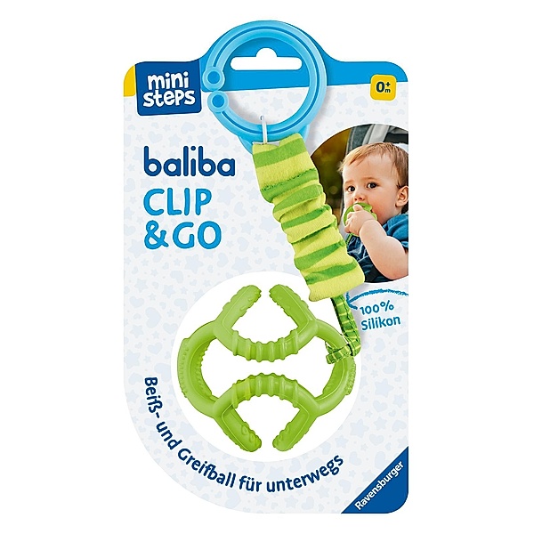 Ravensburger 4592 baliba Clip & Go - Flexibler Ball mit Befestigung für Greif- und Beissspass unterwegs - Baby Spielzeug ab 0 Monaten - grün