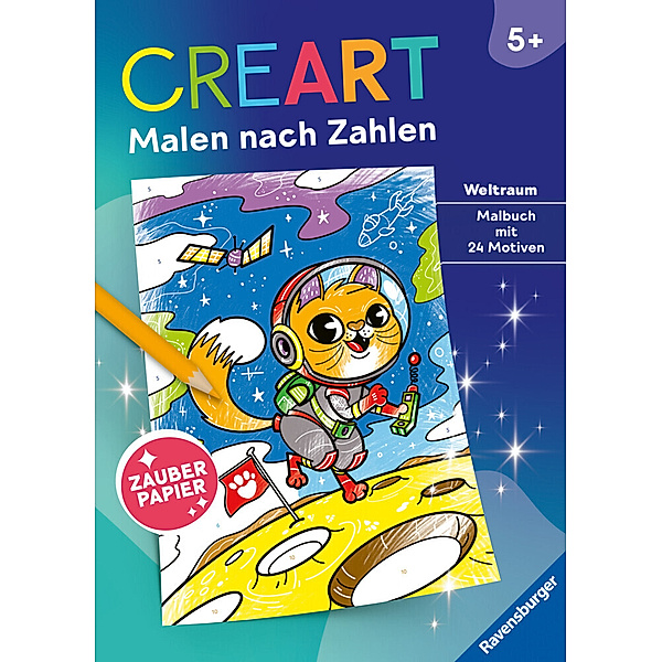 Ravensburger CreArt Malen nach Zahlen ab 5: Weltraum, Malbuch, 24 Motive, Zauberpapier