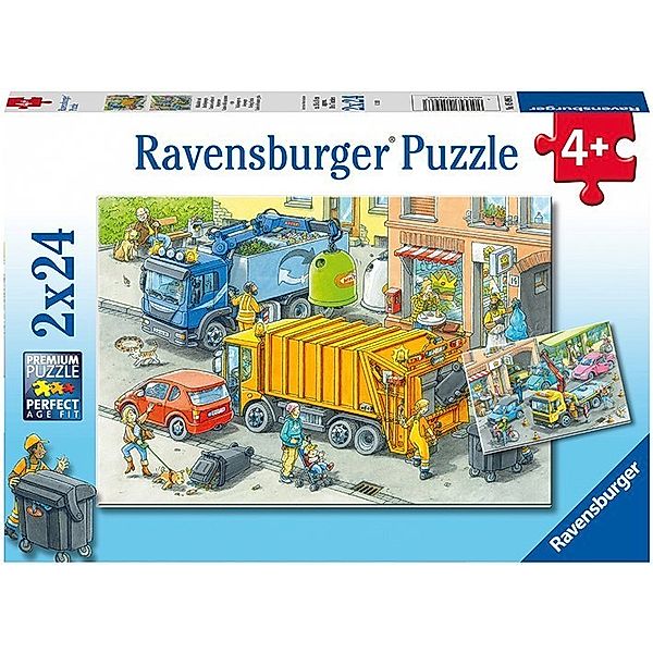 Ravensburger Verlag Ravensburger Kinderpuzzle - 05096 Müllabfuhr und Abschleppwagen - Puzzle für Kinder ab 4 Jahren, mit 2x24 Teilen
