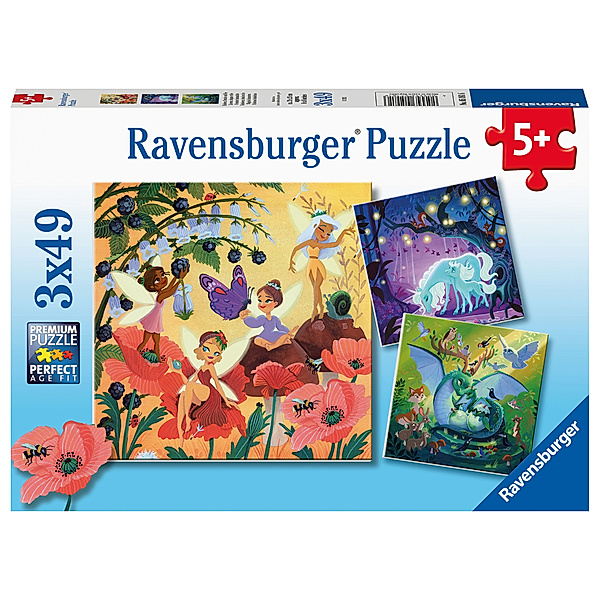 Ravensburger Verlag Ravensburger Kinderpuzzle - 05181 Einhorn, Drache und Fee - Puzzle für Kinder ab 5 Jahren, mit 3x49 Teilen