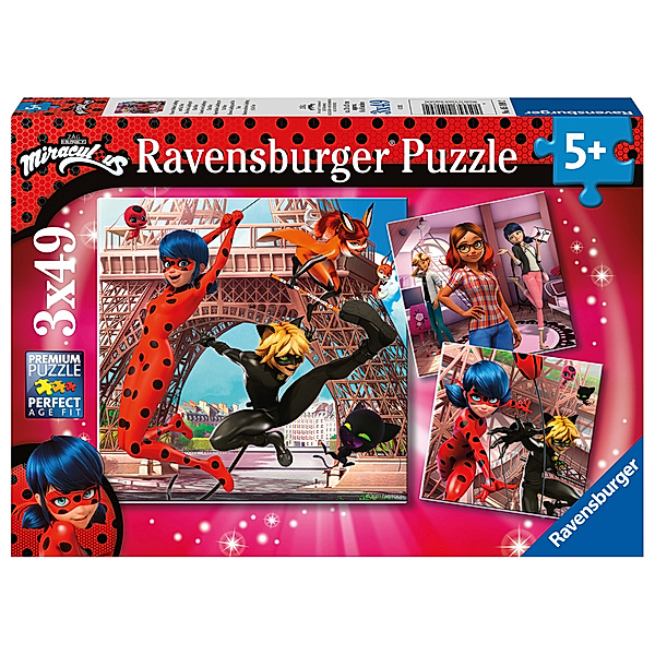 Ravensburger Verlag Ravensburger Kinderpuzzle 05189 - Unsere Helden Ladybug und Cat Noir - 3x49 Teile Miraculous Puzzle für Kinder ab 5 Jahren