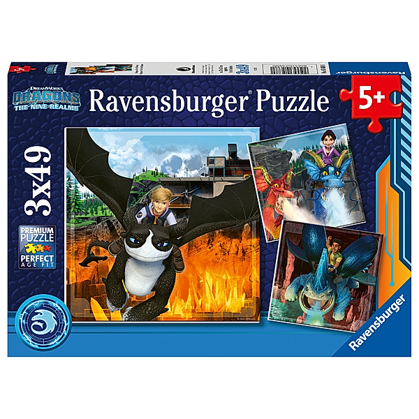 Ravensburger Verlag Ravensburger Kinderpuzzle 05688 - Dragons: Die 9 Welten - 3x49 Teile Dragons Puzzle für Kinder ab 5 Jahren