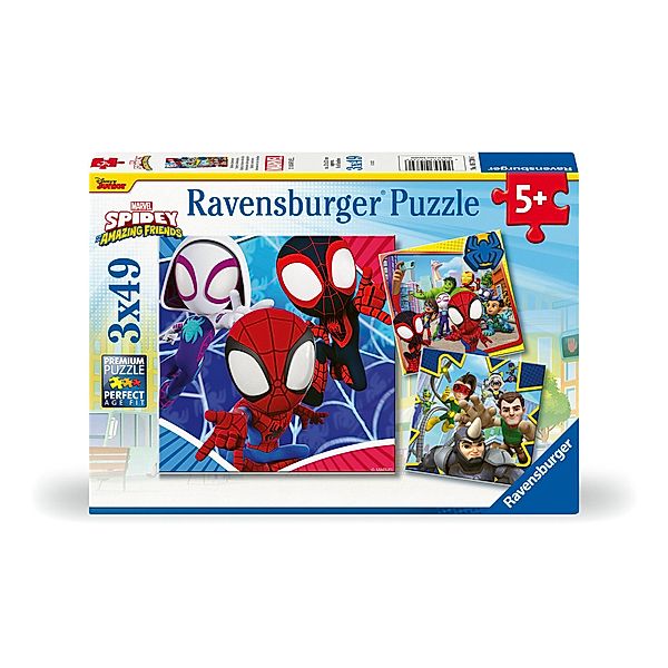 Ravensburger Kinderpuzzle 05730 - Spideys Abenteuer - 3x49 Teile Spidey und seine Super-Freunde Puzzle für Kinder ab 5 Jahren