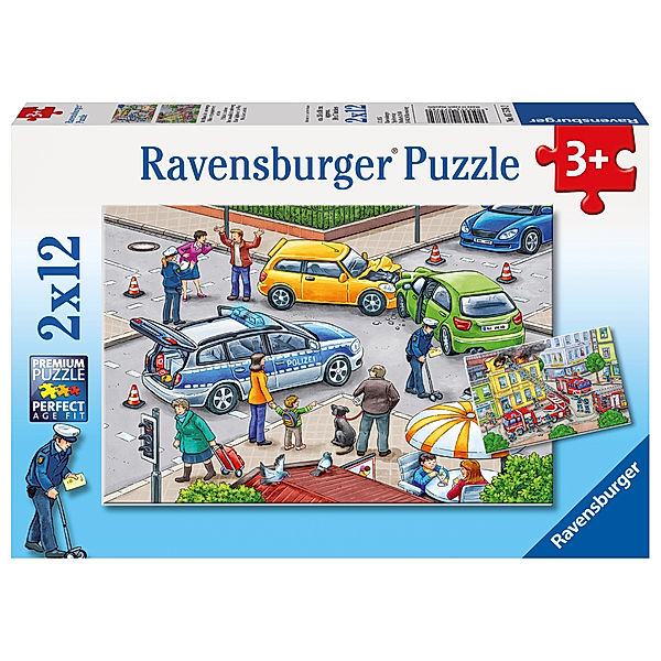 Ravensburger Verlag Ravensburger Kinderpuzzle - 07578 Mit Blaulicht unterwegs - Puzzle für Kinder ab 3 Jahren, mit 2x12 Teilen