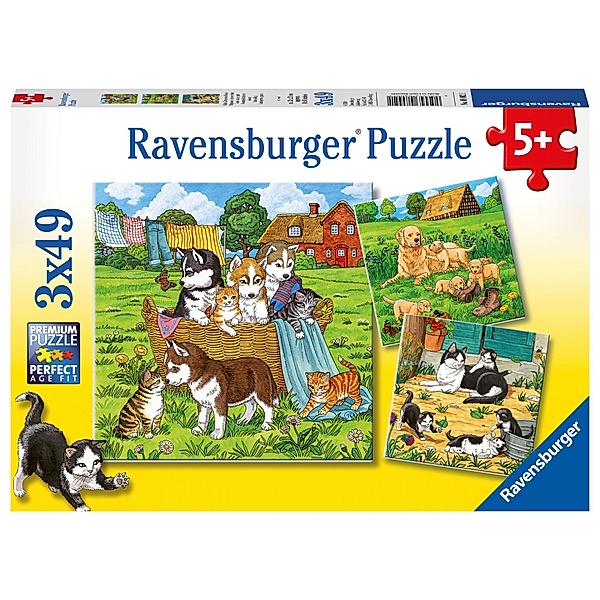 Ravensburger Kinderpuzzle - 08002 Süße Katzen und Hunde - Puzzle für Kinder ab 5 Jahren, mit 3x49 Teilen