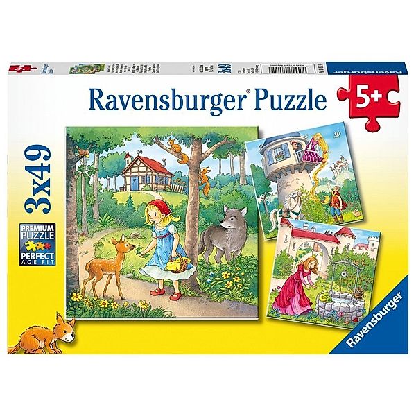 Ravensburger Verlag Ravensburger Kinderpuzzle - 08051 Rapunzel, Rotkäppchen & der Froschkönig - Puzzle für Kinder ab 5 Jahren, mit 3x49 Teilen
