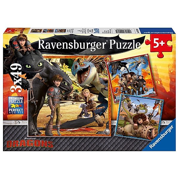 Ravensburger Kinderpuzzle - 09258 Drachenreiter - Puzzle für Kinder ab 5 Jahren, Dragons-Puzzle mit 3x49 Teilen