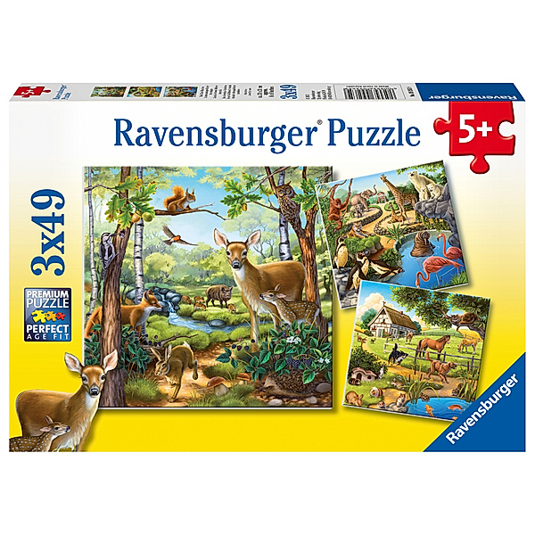Ravensburger Verlag Ravensburger Kinderpuzzle - 09265 Wald-/Zoo-/Haustiere - Puzzle für Kinder ab 5 Jahren, mit 3x49 Teilen