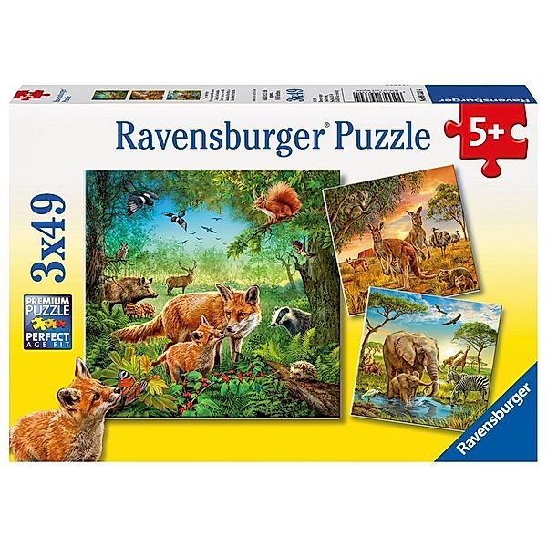 Ravensburger Verlag Ravensburger Kinderpuzzle - 09330 Tiere der Erde - Puzzle für Kinder ab 5 Jahren, mit 3x49 Teilen