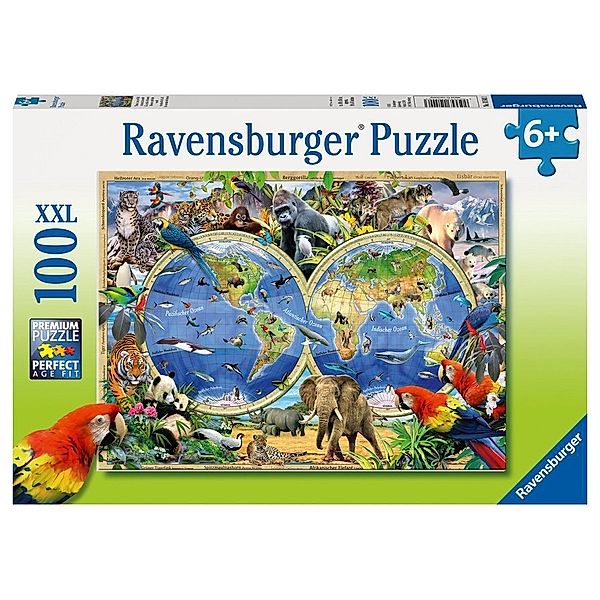 Ravensburger Verlag Ravensburger Kinderpuzzle - 10540 Tierisch um die Welt - Puzzle-Weltkarte für Kinder ab 6 Jahren, mit 100 Teilen im XXL-Format