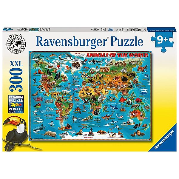 Ravensburger Kinderpuzzle - 13257 Tiere rund um die Welt - Puzzle-Weltkarte  für Kinder ab 9 Jahren, mit 300 Teilen im XX