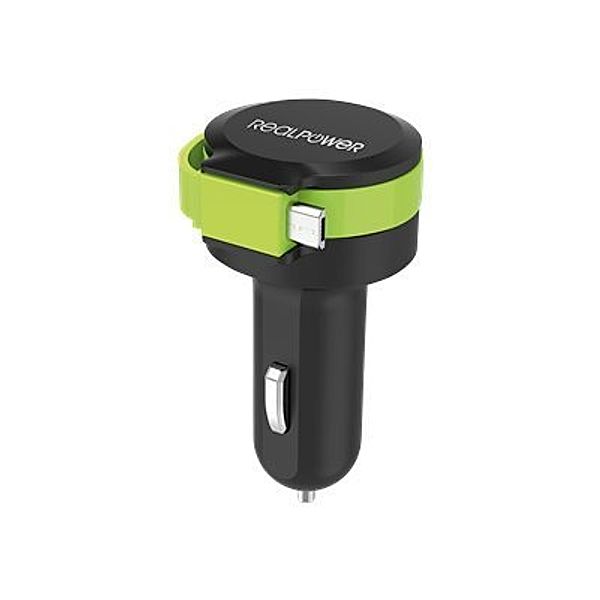 REALPOWER car charger cable M KFZ-Ladestation mit integriertem 58 cm Micro-USB Ladekabel und einem USB Ladeport