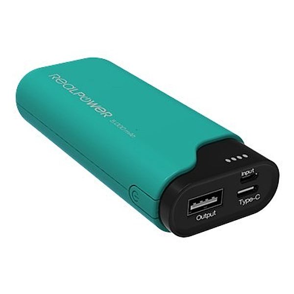 REALPOWER PB-5000C 5.000 mAh Gruen Mobiles Ladegeraet/Powerbank mit USB-C In/Out, Micro-USB In, USB Out und LED Ladestandsanzeige