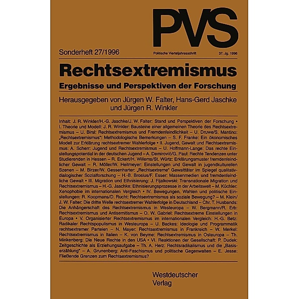 Rechtsextremismus / Politische Vierteljahresschrift Sonderhefte Bd.27, Hans-Gerd Jaschke