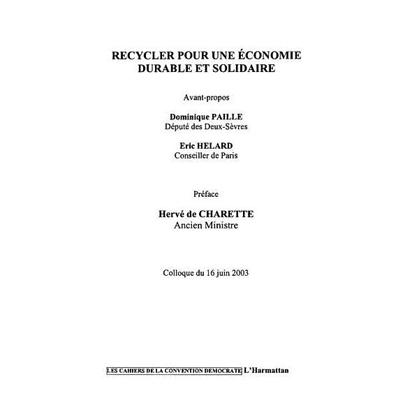 Recycler pour une economie durable et solidaire / Hors-collection, Collectif