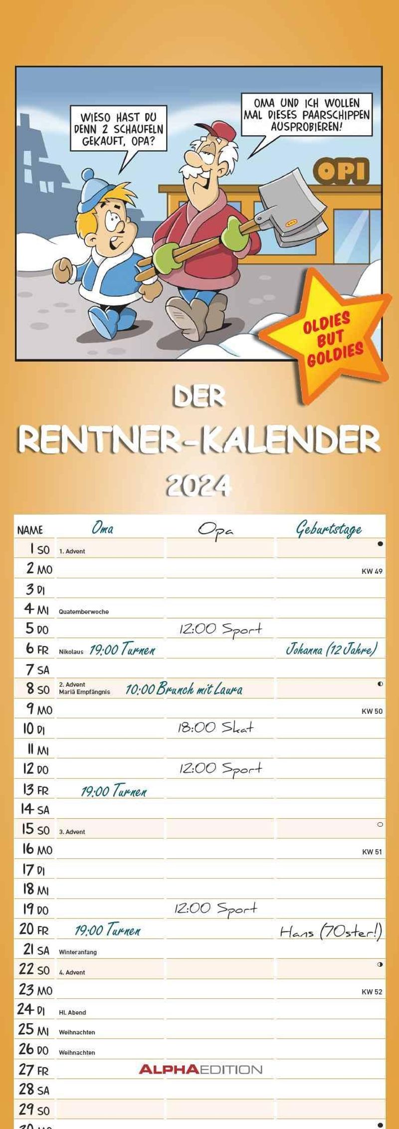 Rentnerkalender 2024 - Streifen-Kalender 15x42 cm - mit lustigen Cartoons -  Humor-Kalender - Wandplaner - Alpha Edition - Kalender bestellen
