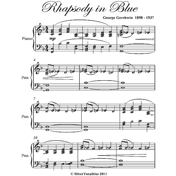 Rhapsody in Blue Intermediate Piano Sheet Music, George Gershwin