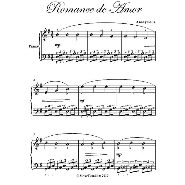 Romance de Amor Easy Piano Sheet Music, Traditional Anonymous