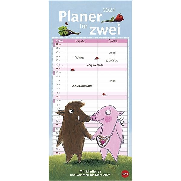 Rosalie & Trüffel Planer für zwei 2024. Wandplaner für 2. Partnerkalender mit 2 Spalten. Terminkalender mit niedlichen Illustrationen des bekannten Schweine-Duos. Wandkalender für 2 Personen, Katja Reider