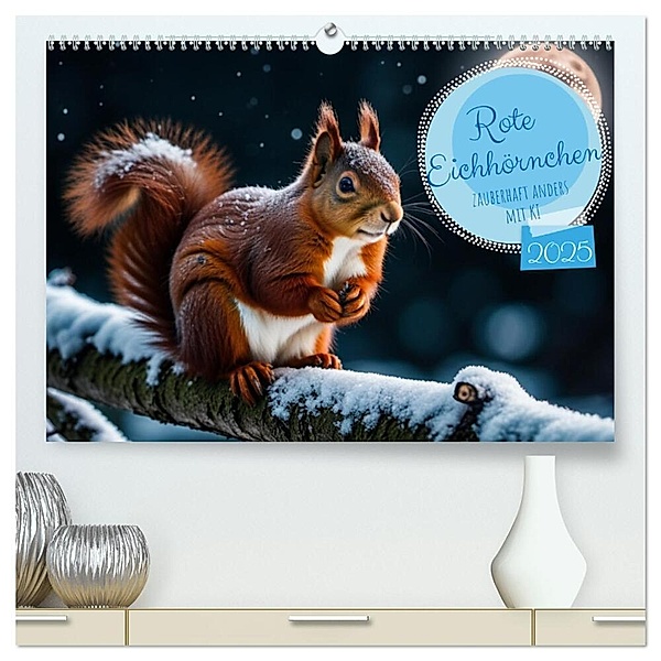 Rote Eichhörnchen - zauberhaft anders mit KI (hochwertiger Premium Wandkalender 2025 DIN A2 quer), Kunstdruck in Hochglanz, Calvendo, Angela Merk