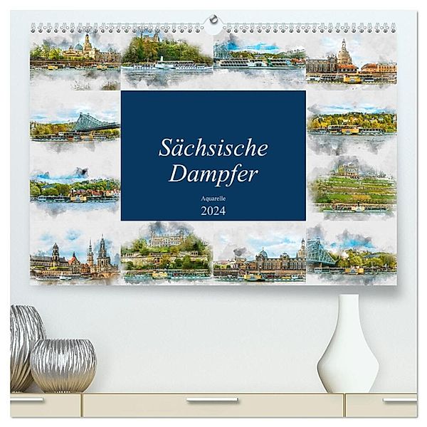 Sächsische Dampfer Aquarelle (hochwertiger Premium Wandkalender 2024 DIN A2 quer), Kunstdruck in Hochglanz, Dirk Meutzner