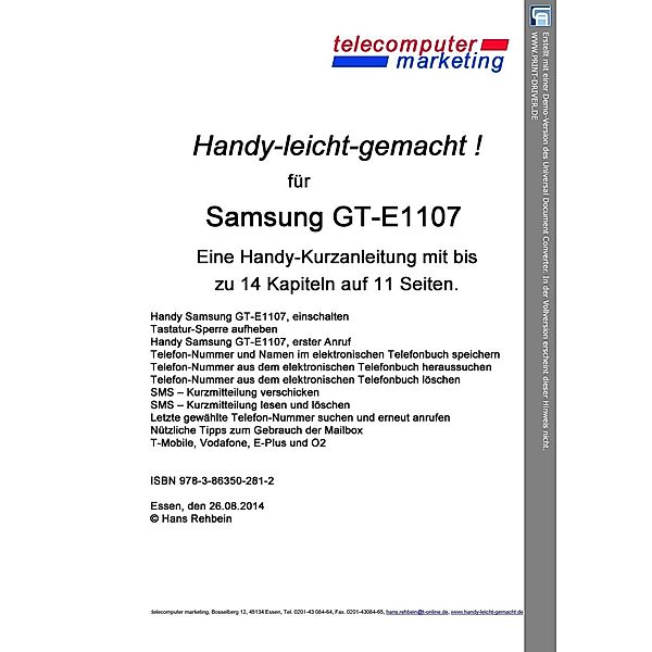 SAMSUNG GT-E1107 leicht-gemacht, Hans Rehbein