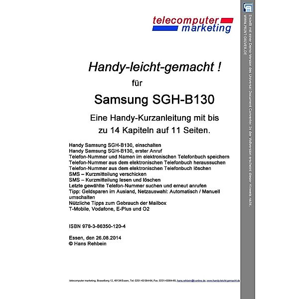 Samsung SGH-B130-leicht-gemacht, Hans Rehbein