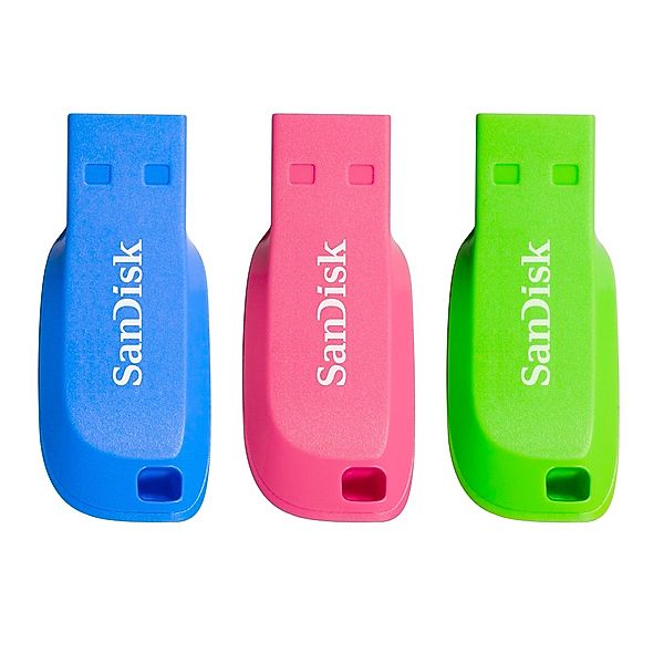 SanDisk Cruzer Blade 16GB, USB 2.0, 3 Stück, Blau, Pink, Grün