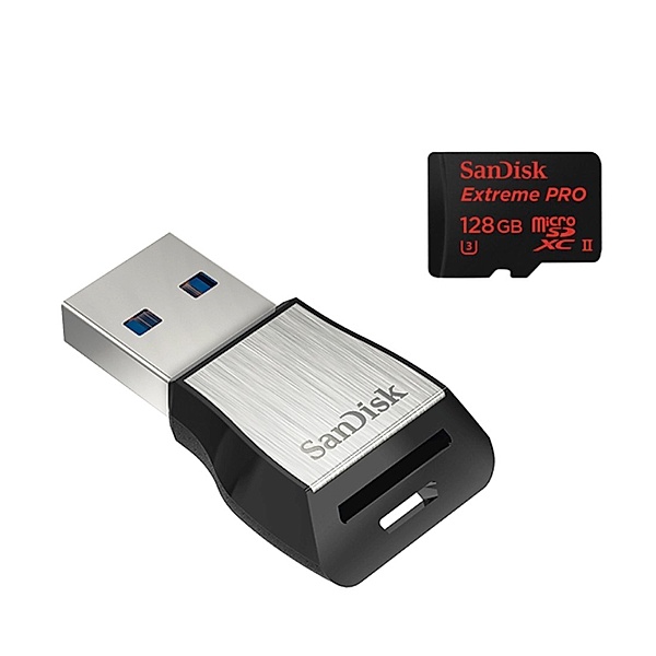 SanDisk microSDXC Extr. Pro 128GB, UHS Sp. Cl. U3, UHS-II, 275 MB/s + Kartenleser