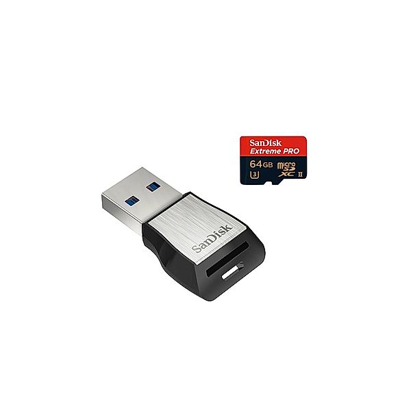 SanDisk microSDXC Extr. Pro 64GB, UHS Sp. Cl. U3, UHS-II, 275 MB/s + Kartenleser