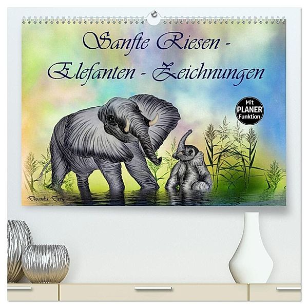 Sanfte Riesen - Elefanten-Zeichnungen (hochwertiger Premium Wandkalender 2024 DIN A2 quer), Kunstdruck in Hochglanz, Dusanka Djeric