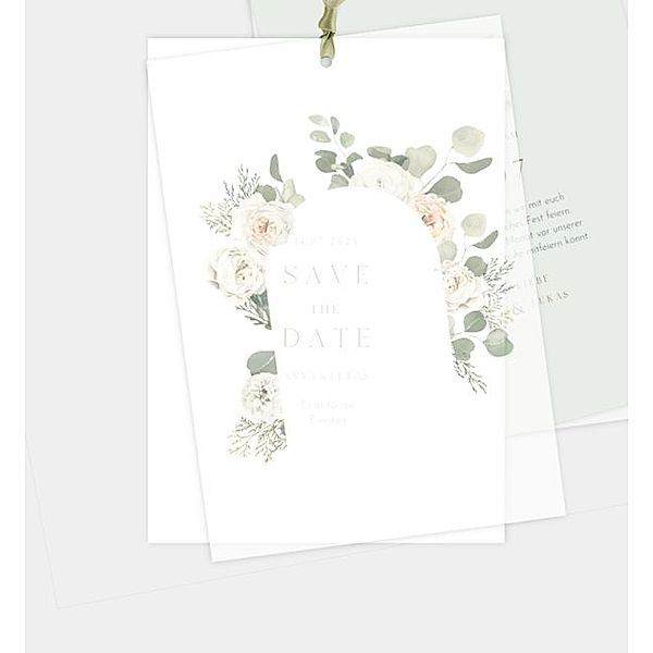 Save-The-Date Karte Modern Eucalyptus, Postkarte hoch mit Transparentpapier (120 x 170mm)