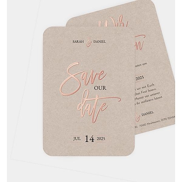 Save-The-Date Karte Rosegold-Crafty, Postkarte hoch (105 x 148mm)