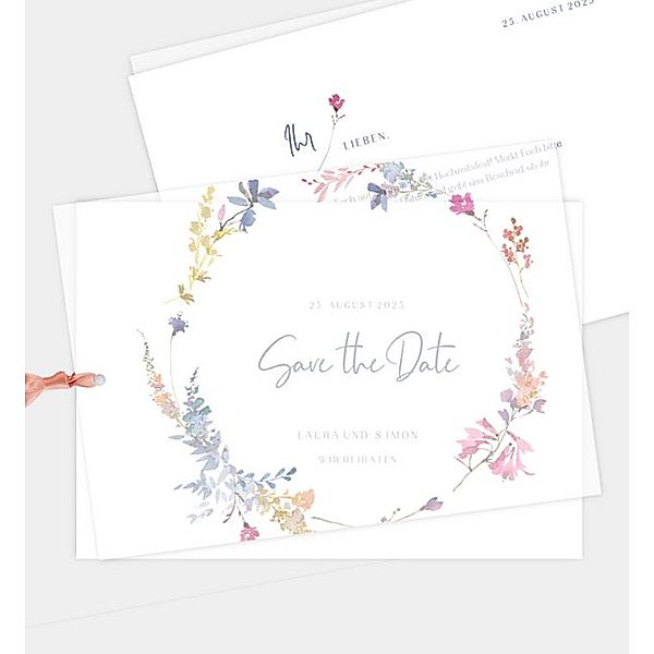 Save-The-Date Karte Sommerkranz, Postkarte quer mit Transparentpapier (170 x 120mm)