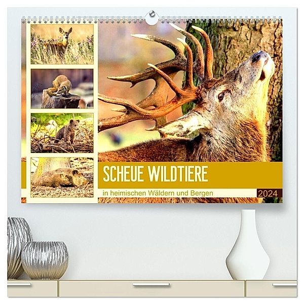 Scheue Wildtiere in heimischen Wäldern und Bergen (hochwertiger Premium Wandkalender 2024 DIN A2 quer), Kunstdruck in Hochglanz, Rose Hurley