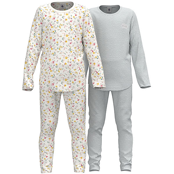 Petit Bateau Schlafanzug lang FLEUR 2er-Pack in weiß/blau